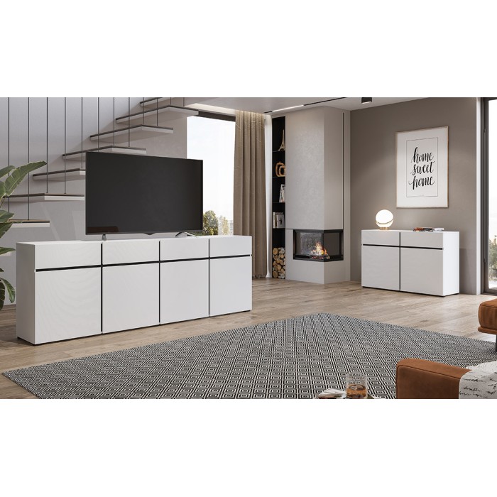 Buffet 120cm coloris blanc et noir collection HAVANA. Bahut  design avec 2 portes et 2 tiroirs.