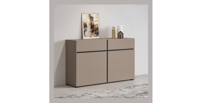 Buffet 120cm coloris beige et noir collection HAVANA. Bahut  design avec 2 portes et 2 tiroirs.