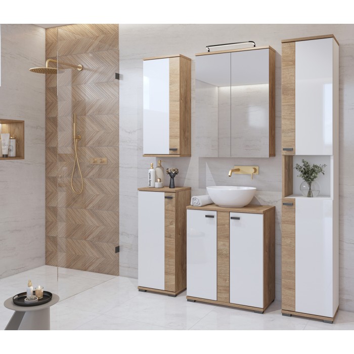 Meuble haut de salle de bain avec miroir BALEA coloris chêne et blanc
