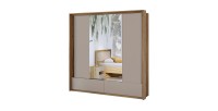 Armadio a 2 porte con specchi, 2 cassetti, appendiabiti e 5 ripiani color rovere e beige.