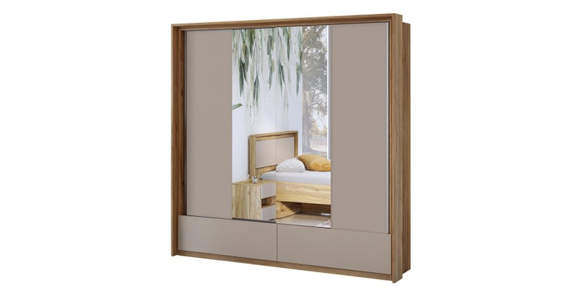 Armoire 2 portes avec miroirs, 2 tiroirs, penderie et 5 étagères coloris chêne et beige