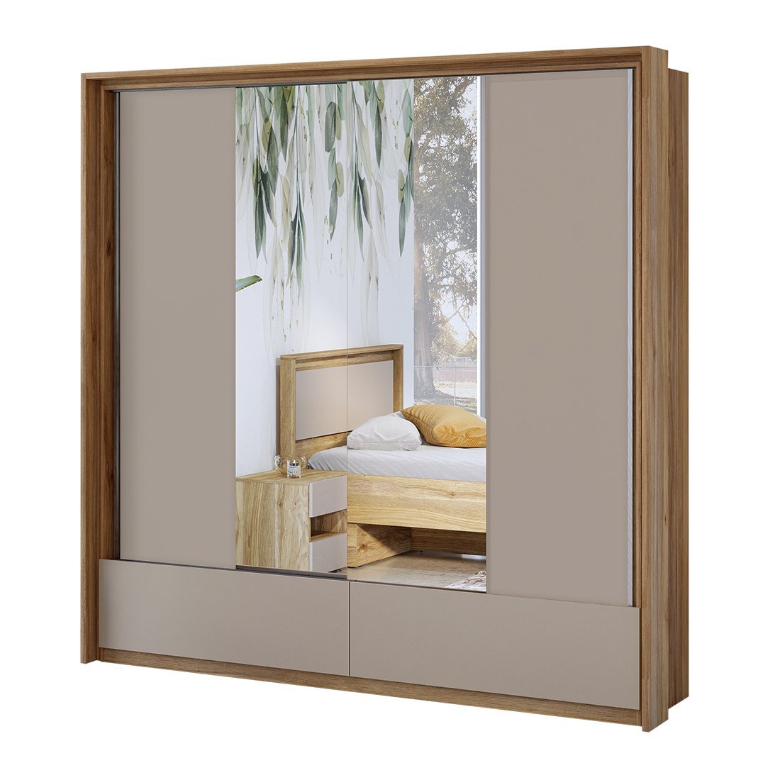 Armadio a 2 porte con specchi, 2 cassetti, appendiabiti e 5 ripiani color rovere e beige.