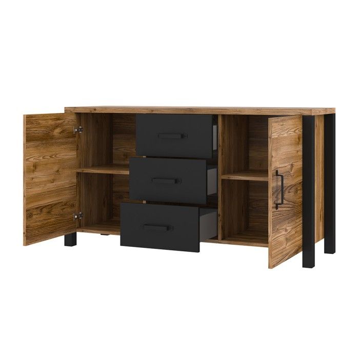 Buffet 150cm Kollektion DARWIN. Farbe Fichtenholz und Schwarz. 2 Türen und 3 Schubladen.