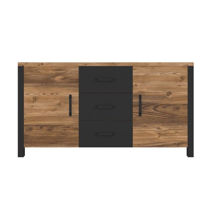 Buffet 150cm Kollektion DARWIN. Farbe Fichtenholz und Schwarz. 2 Türen und 3 Schubladen.