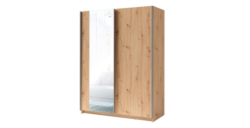 Armario GOZU de 2 puertas correderas con espejo - Color Roble Artesano - 180 x 198 x 62 cm