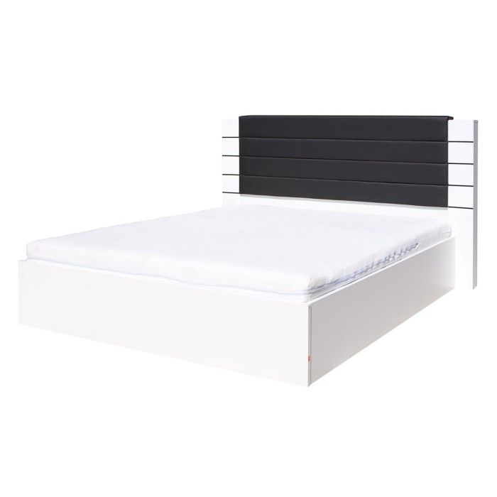 Cama king size 180 cm blanca y negra brillante con baúl y acabado en piel sintética