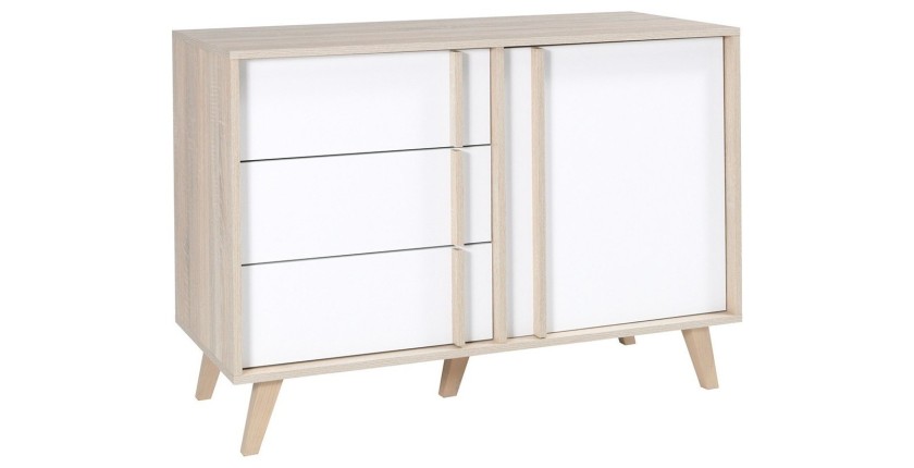 Cómoda de 1 puerta y 3 cajones MALMO en color roble claro y blanco