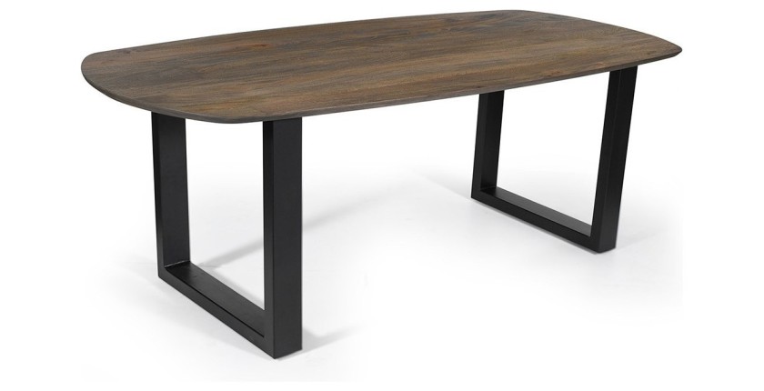 Mesa de comedor ovalada para 8 personas en madera maciza, color roble envejecido, colección FRANCHIA. Patas de diseño en U.