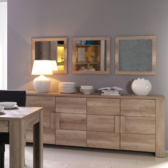Buffet 4 portes FARRA avec 3 miroirs carrés – Chêne dab sonoma – 216 x 85 x 47 cm