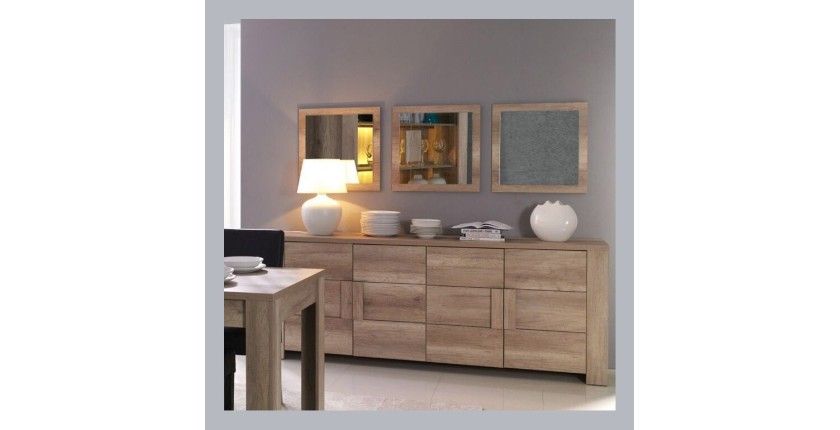 Buffet 4 portes FARRA avec 3 miroirs carrés – Chêne dab sonoma – 216 x 85 x 47 cm