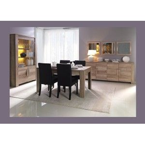 Salle à manger complète FARRA avec table, buffet, vitrine LED et miroirs vu dans un autre décor