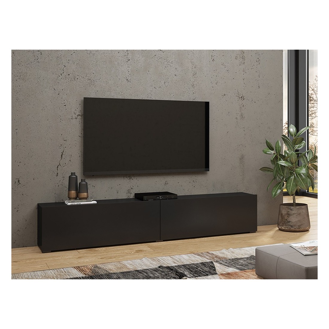 Meuble TV 180cm collection EVA. Couleur noir et chêne.