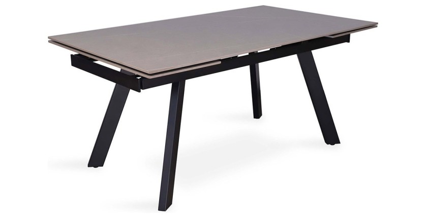 Uitschuifbare eettafel voor 10 personen met grijs stenen blad, collectie LAROS. Structuur van metaal.