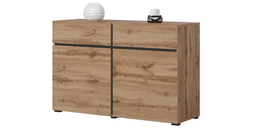 Buffet 120cm Farbe Eiche und Schwarz, Kollektion HAVANA. Sideboard im Design-Stil mit 2 Türen und 2 Schubladen.