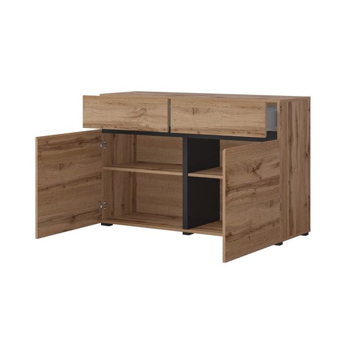 Buffet 120cm coloris chêne et noir collection HAVANA. Aparador de diseño con 2 puertas y 2 cajones.