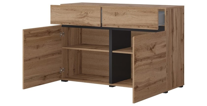 Buffet 120cm Farbe Eiche und Schwarz, Kollektion HAVANA. Sideboard im Design-Stil mit 2 Türen und 2 Schubladen.