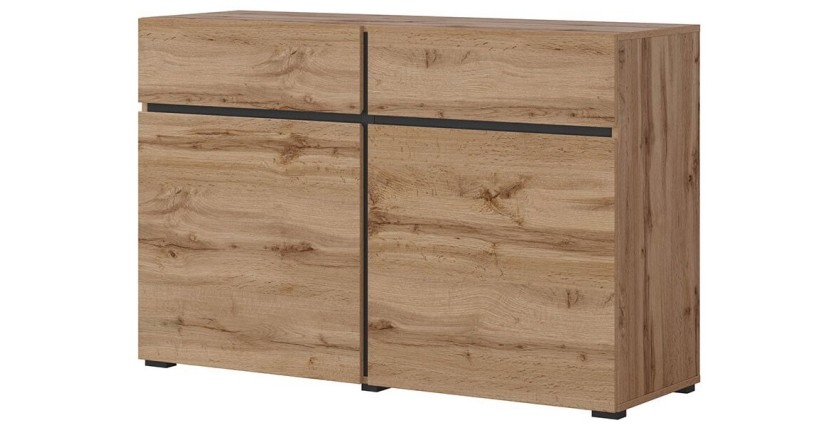 Buffet 120cm Farbe Eiche und Schwarz, Kollektion HAVANA. Sideboard im Design-Stil mit 2 Türen und 2 Schubladen.