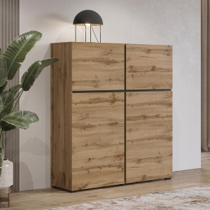 Buffet alto en color roble y negro L120xH140xP40 colección HAVANA. Aparador alto de diseño con 4 puertas.