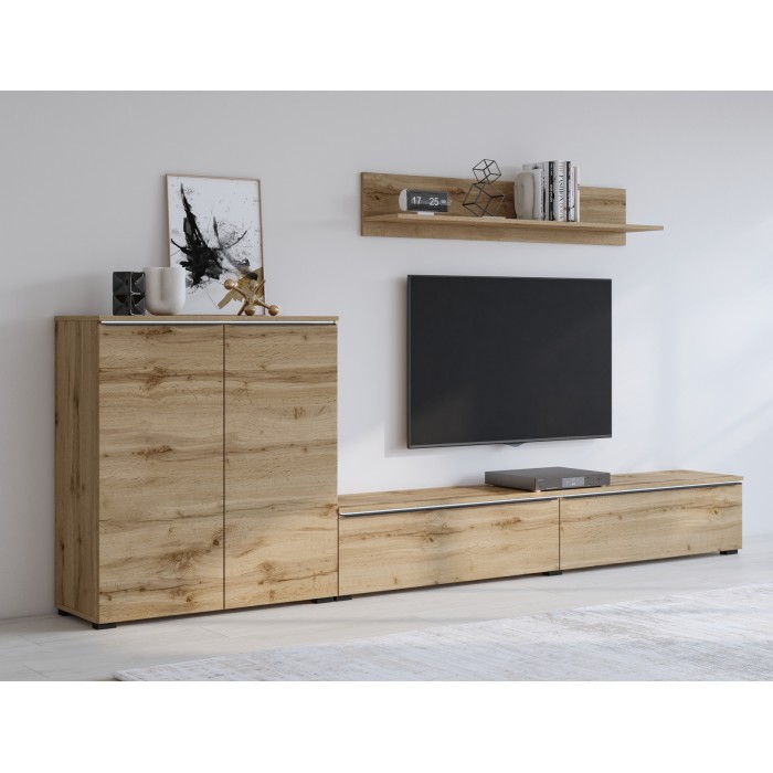 Set di mobili per soggiorno ALICE – Scaffale, Buffet a 2 porte, Mobile TV in quercia wotan con illuminazione LED