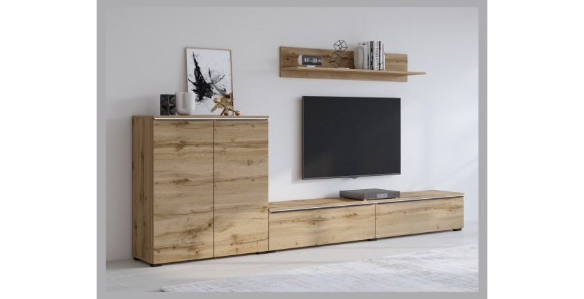 Woonkamer meubelset ALICE - Boekenkast, Buffet met 2 deuren, TV-meubel in Wotan eiken met LED-verlichting