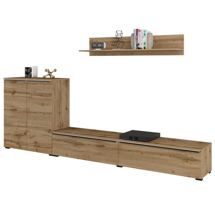 Set di mobili per soggiorno ALICE – Scaffale, Buffet a 2 porte, Mobile TV in quercia wotan con illuminazione LED