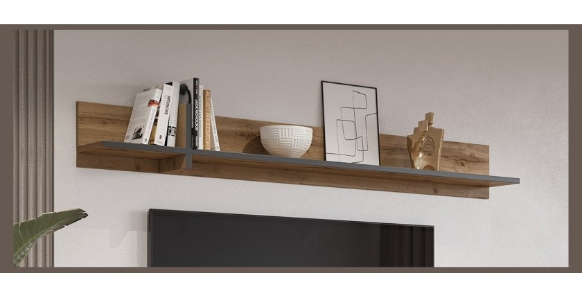 Estantería de pared de 180 cm en color roble y negro. Colección HAVANA.