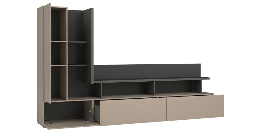Meuble TV coloris marron congo et gris anthracite collection NESS – 5 niches, 2 portes, 2 tiroirs