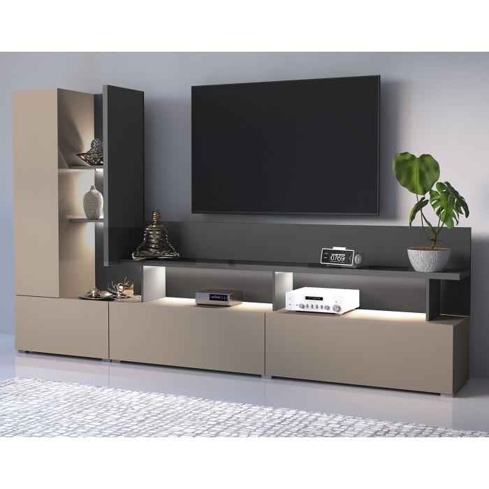 Mobile Porta TV da parete NESS – Set 270 cm – 2 cassetti, 2 ante, 10 vani – Finitura Congo