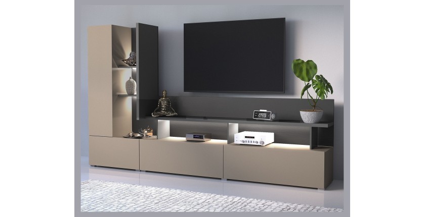 Meuble TV coloris marron congo et gris anthracite collection NESS – 5 niches, 2 portes, 2 tiroirs