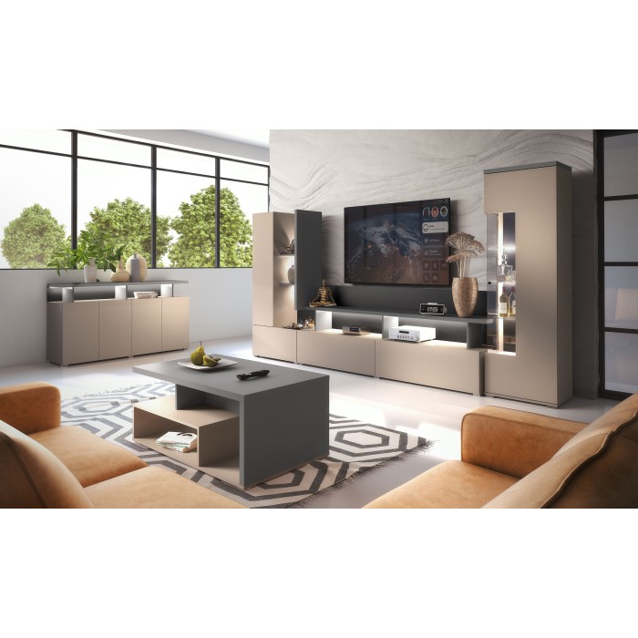 Meuble TV mural NESS – Ensemble 270 cm – 2 tiroirs, 2 portes, 10 niches – Finition Congo