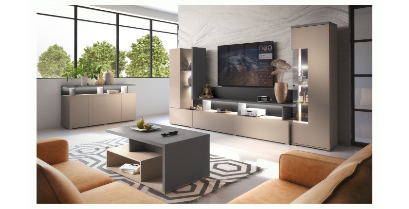 Meuble TV mural NESS – Ensemble 270 cm – 2 tiroirs, 2 portes, 10 niches – Finition Congo