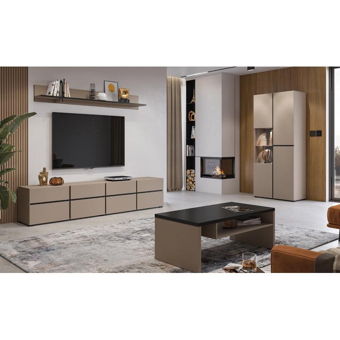 Vitrine hoch 2 Türen Kollektion HAVANA. Farbe beige und schwarz.