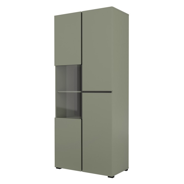 Hoher Vitrinenschrank mit 2 Türen aus der Kollektion HAVANA mit integrierter LED. Farben Salbei und Schwarz.