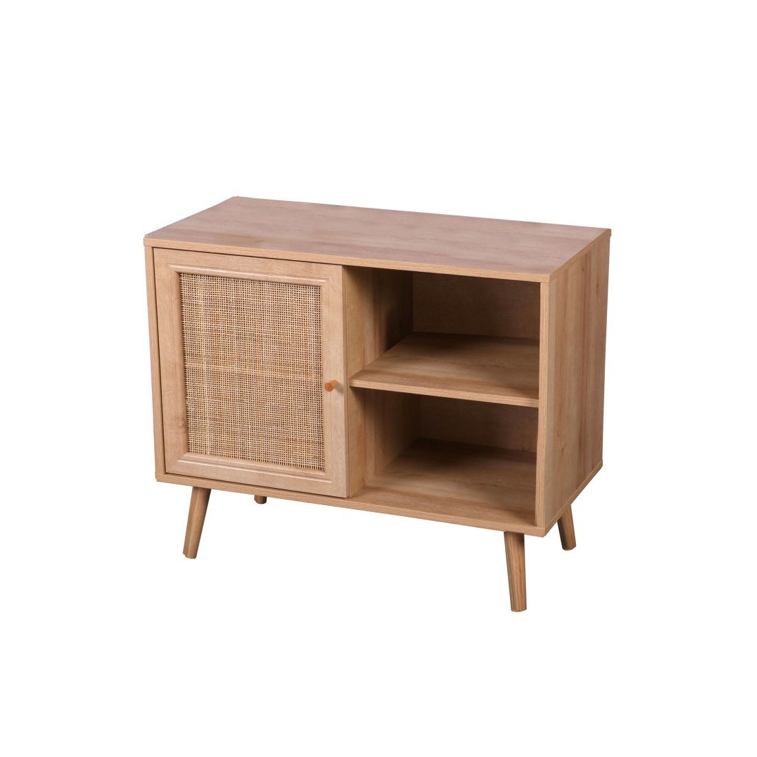 Commode ALTA chêne clair avec porte en rotin – Design scandinave et rangement pratique