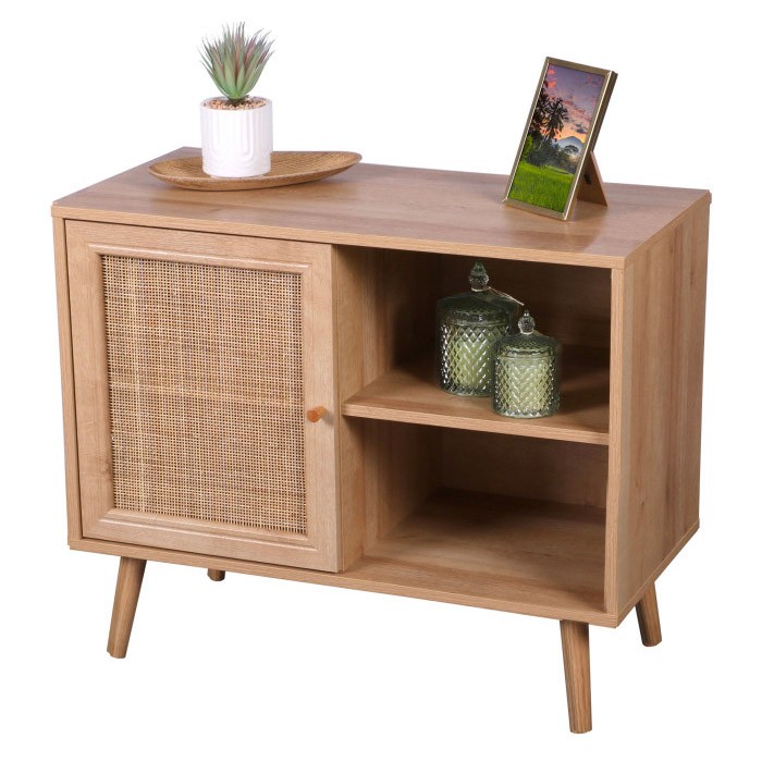 Cassettiera ALTA in rovere chiaro con porta in rattan – Design scandinavo e storage pratico