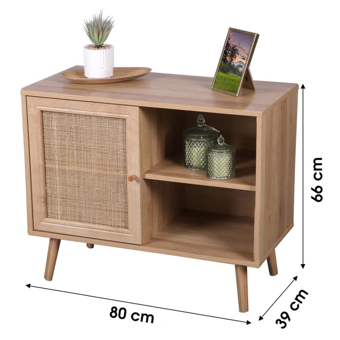 Cassettiera ALTA in rovere chiaro con porta in rattan – Design scandinavo e storage pratico