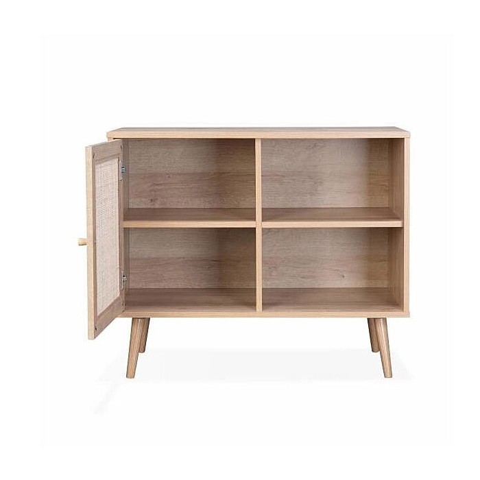 Cassettiera ALTA in rovere chiaro con porta in rattan – Design scandinavo e storage pratico