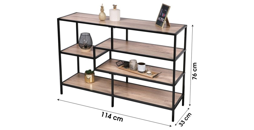 Industriële stijl HOLBORN collectie entreeconsole. Eiken- en zwarte kleur. 5 planken