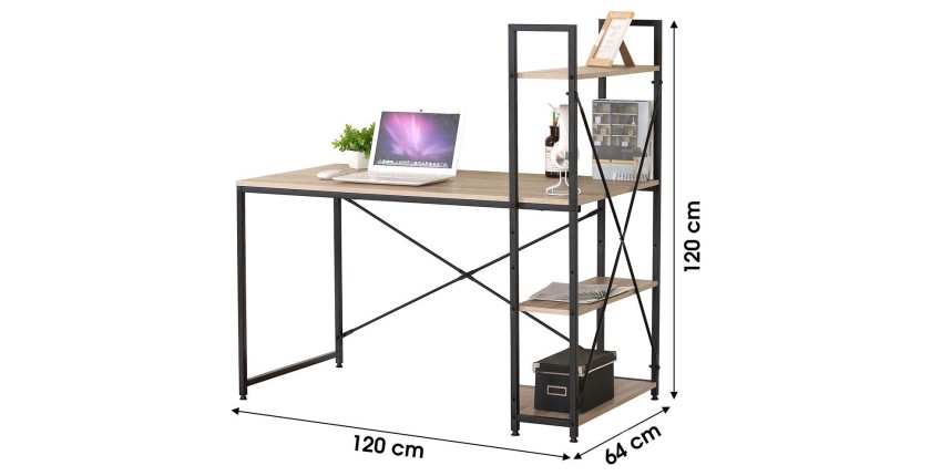 Bureau bois et métal HOLBORN avec étagères, coloris chêne et noir