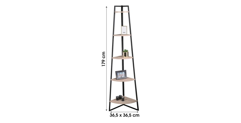 Étagère d'angle 5 niveaux collection HOLBORN – Style industriel, coloris chêne et noir