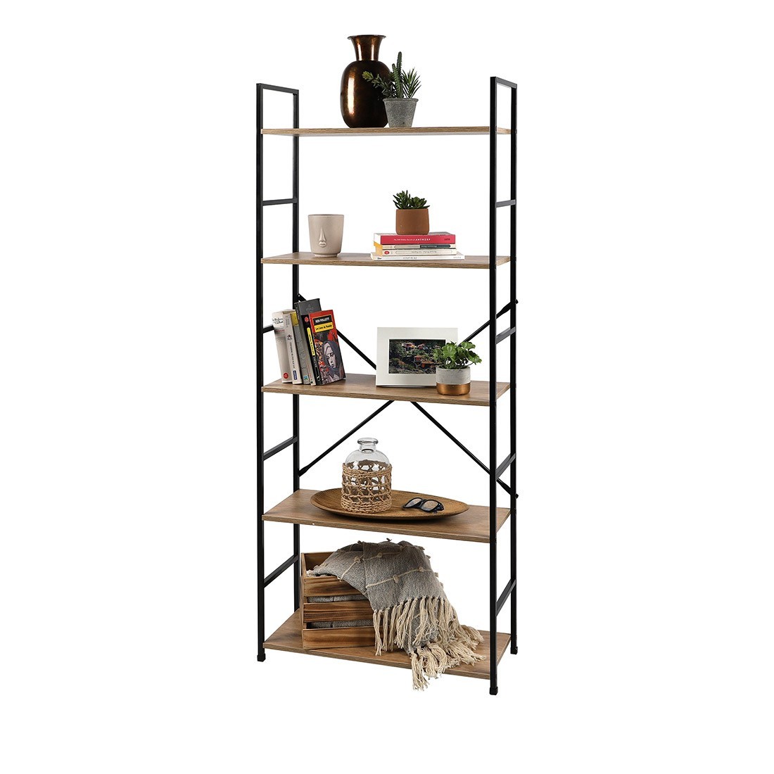 Libreria a 5 livelli collezione HOLBORN - Stile industriale, colore rovere e nero