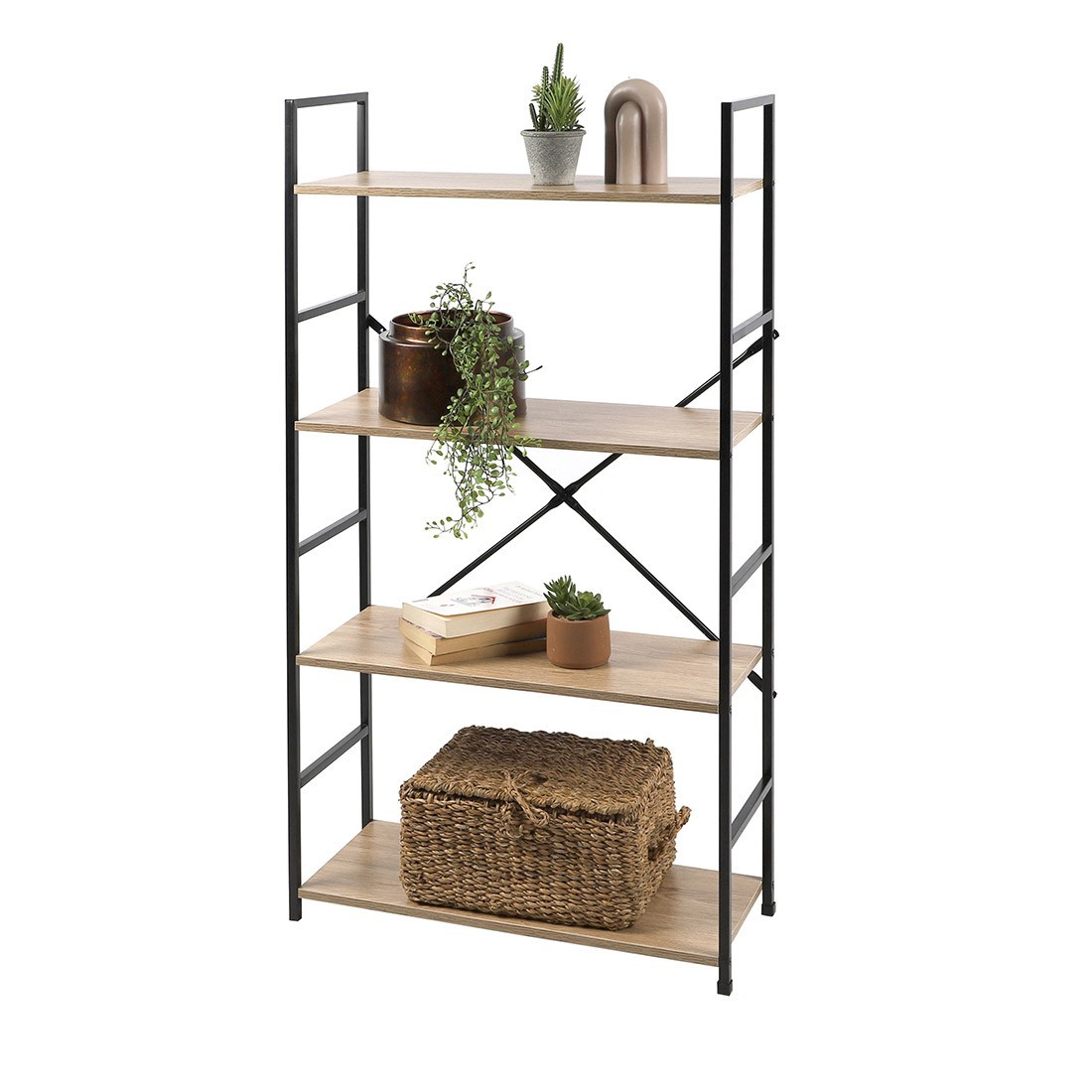 Libreria a 4 livelli collezione HOLBORN - Stile industriale, colore quercia e nero