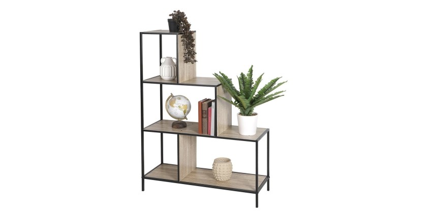 Étagère escalier sur 4 niveaux collection HOLBORN – Style industriel, coloris chêne et noir
