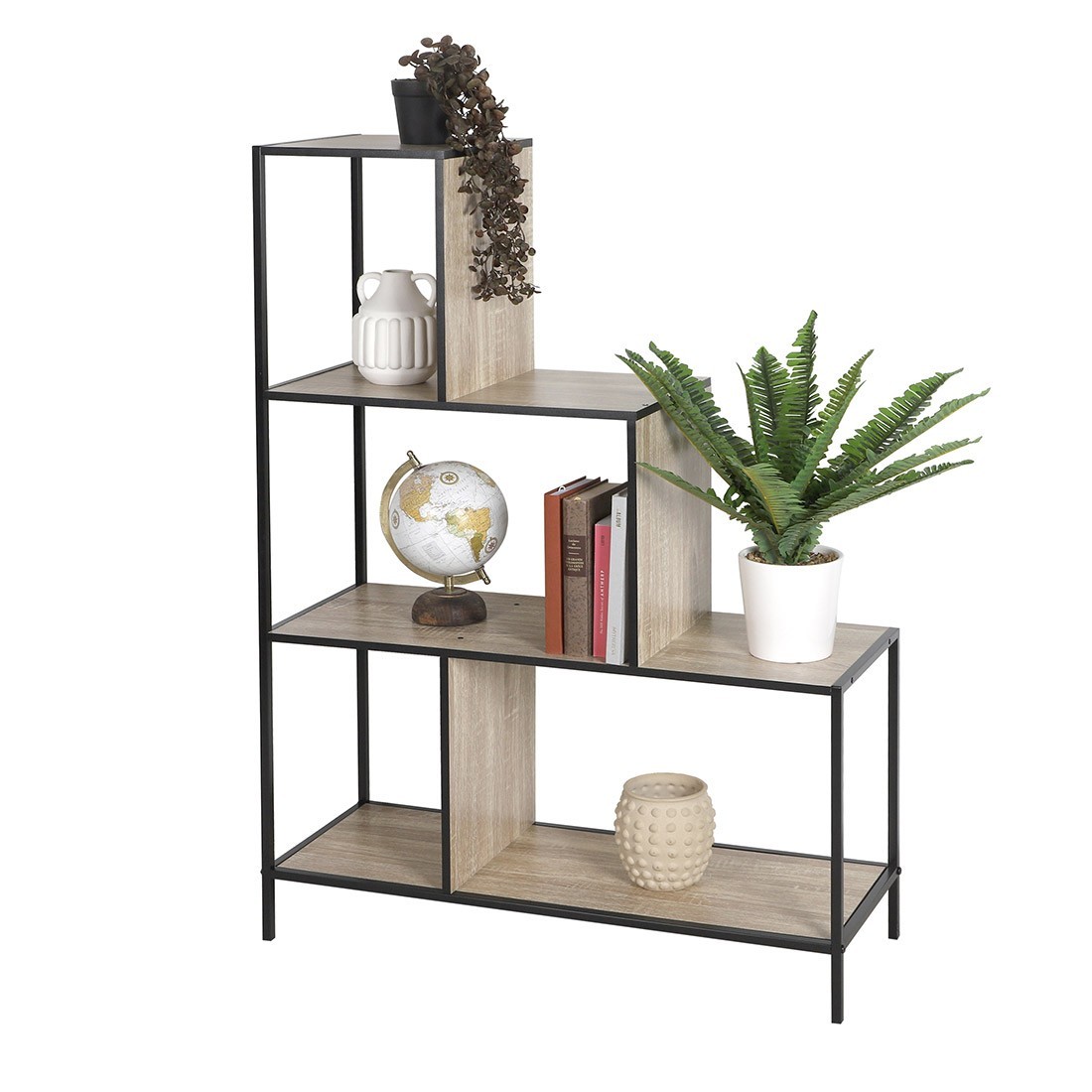 Étagère escalier sur 4 niveaux collection HOLBORN – Style industriel, coloris chêne et noir