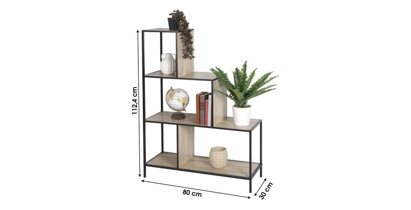 Étagère escalier sur 4 niveaux collection HOLBORN – Style industriel, coloris chêne et noir