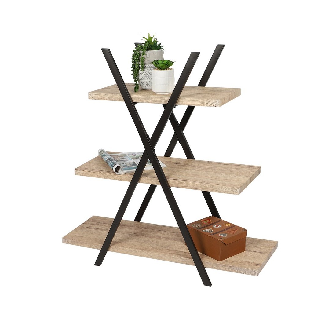 Estantería pirámide 3 niveles DARYL – Estilo industrial – Roble y negro