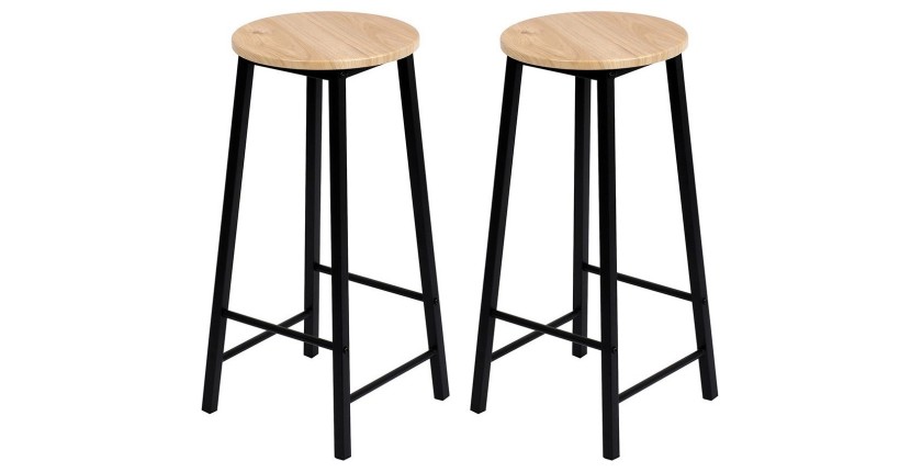 Lote de 2 taburetes de bar DARYL color roble y negro con estructura de metal.