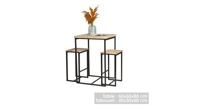 Conjunto de mesa alta con 2 taburetes – DARYL – Roble y Metal Negro