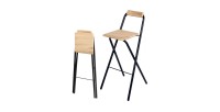 Lote de 4 taburetes de bar plegables con respaldo colección DARYL en color roble y negro con estructura de metal.