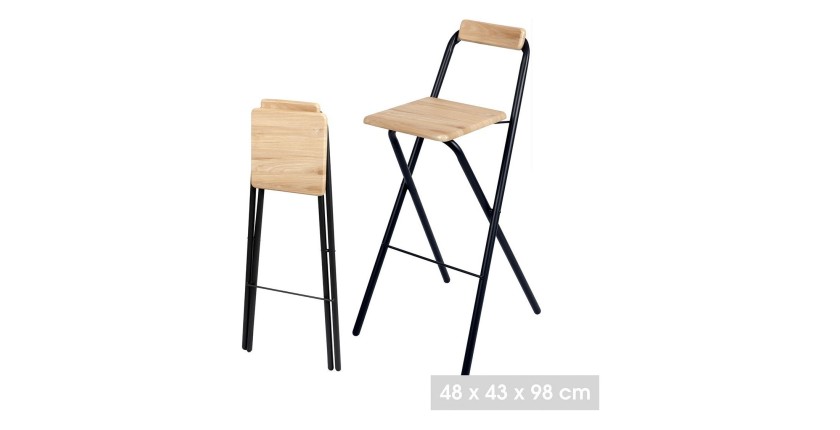 Lote de 4 taburetes de bar plegables con respaldo colección DARYL en color roble y negro con estructura de metal.